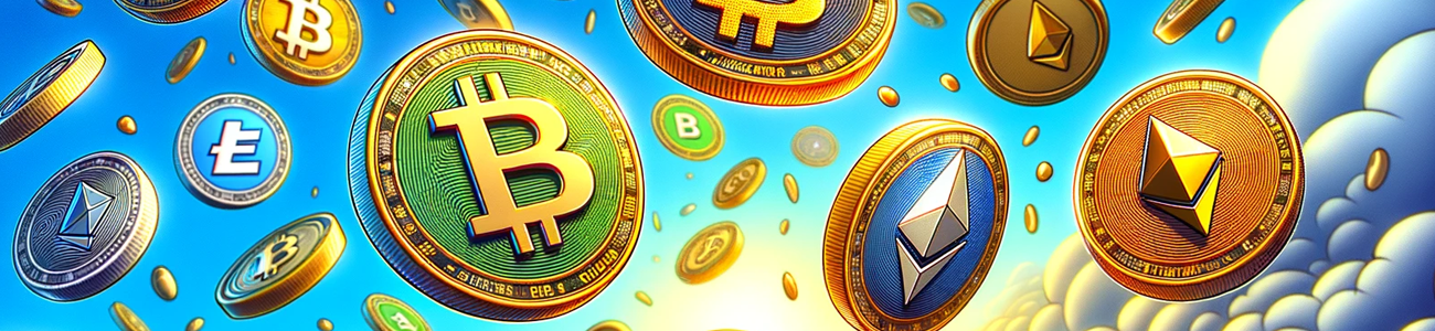 Banner showing Bitcoin and Other Cryptocurrencies raining from the clouds